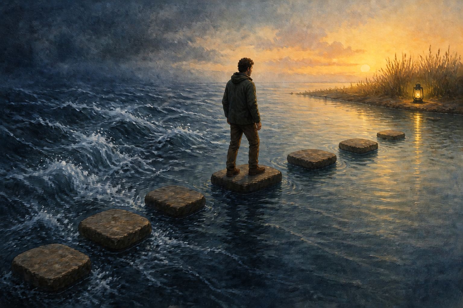 A person carefully crosses seven stepping stones from turbulent dark water toward a calm bank lit by dawn.
