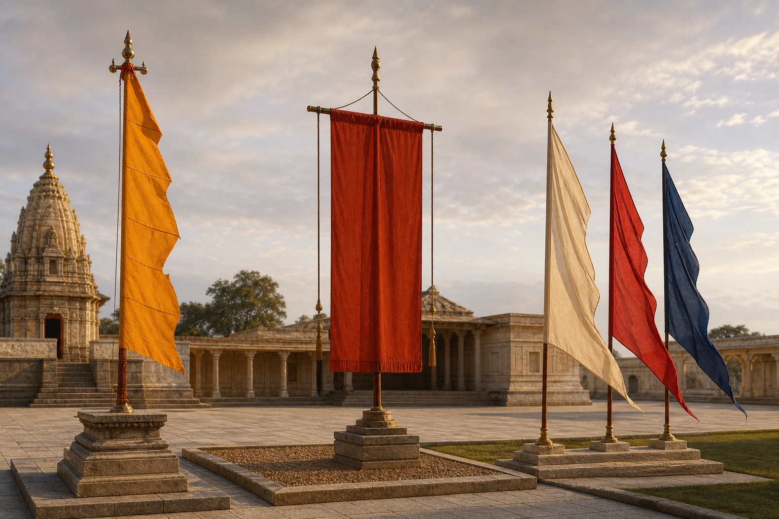 Distinct ceremonial flags and standards stand in separate parts of a courtyard, their fabrics moving in the same breeze without combining their designs.