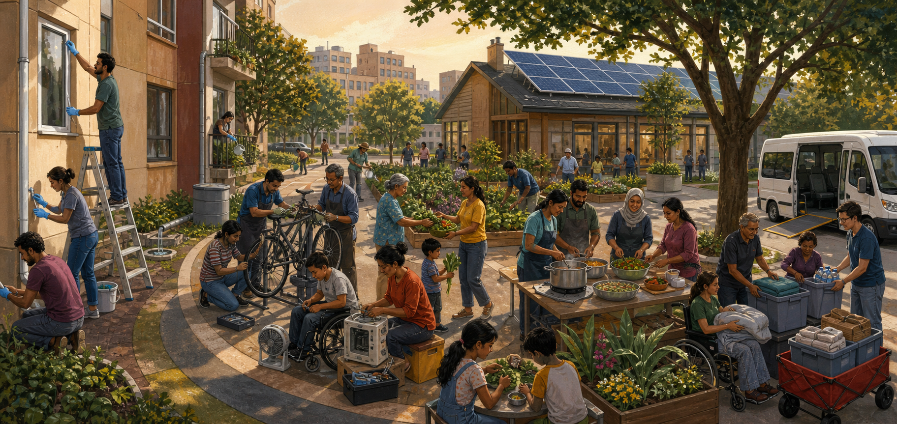 Neighbours at a sangha courtyard repair bicycles, weather-seal a building, share vegetables and food, garden, and prepare emergency supplies.