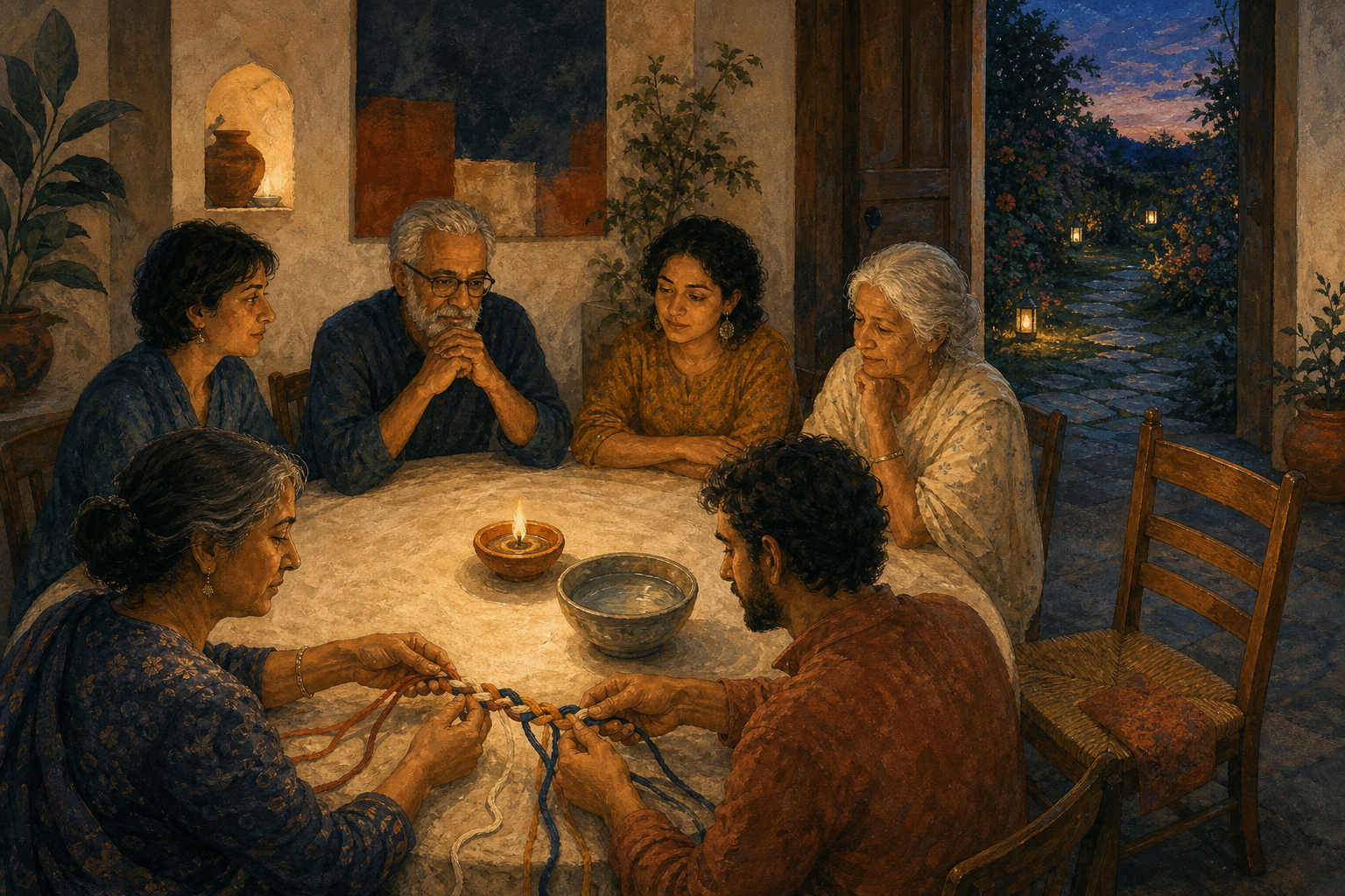 Adults of different generations sit around a round table as two people braid colored threads beside a lit clay lamp and bowl of water.