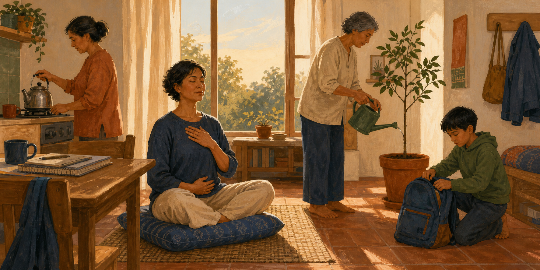 An adult practices quiet breathing at dawn while family members prepare for the day in a lived-in room.