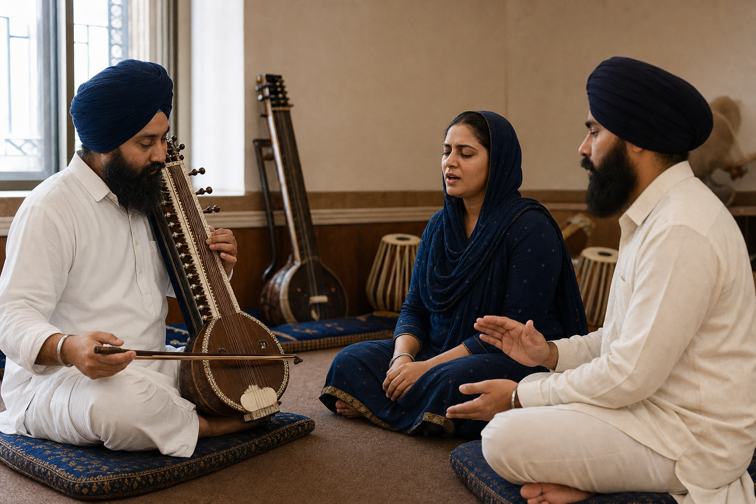 A Sikh teacher demonstrates a phrase on a dilruba as two seated learners listen, sing, and mark the rhythm by hand.