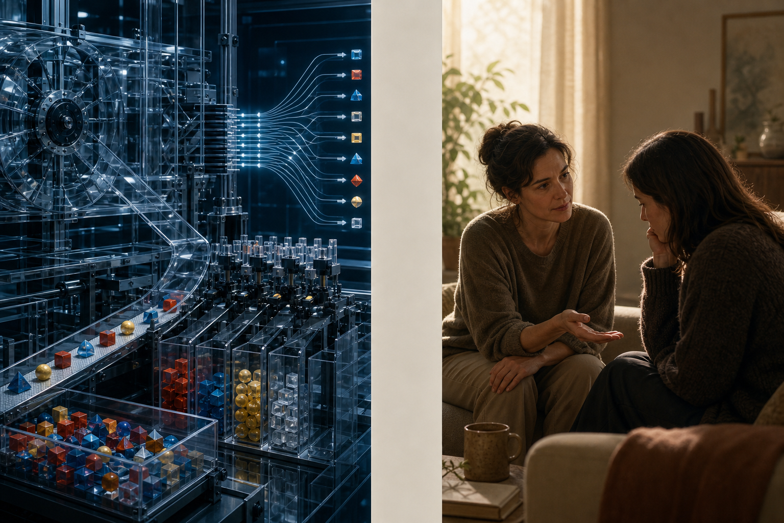 A split illustration contrasts a machine sorting patterns with two people sharing an attentive, compassionate human moment.