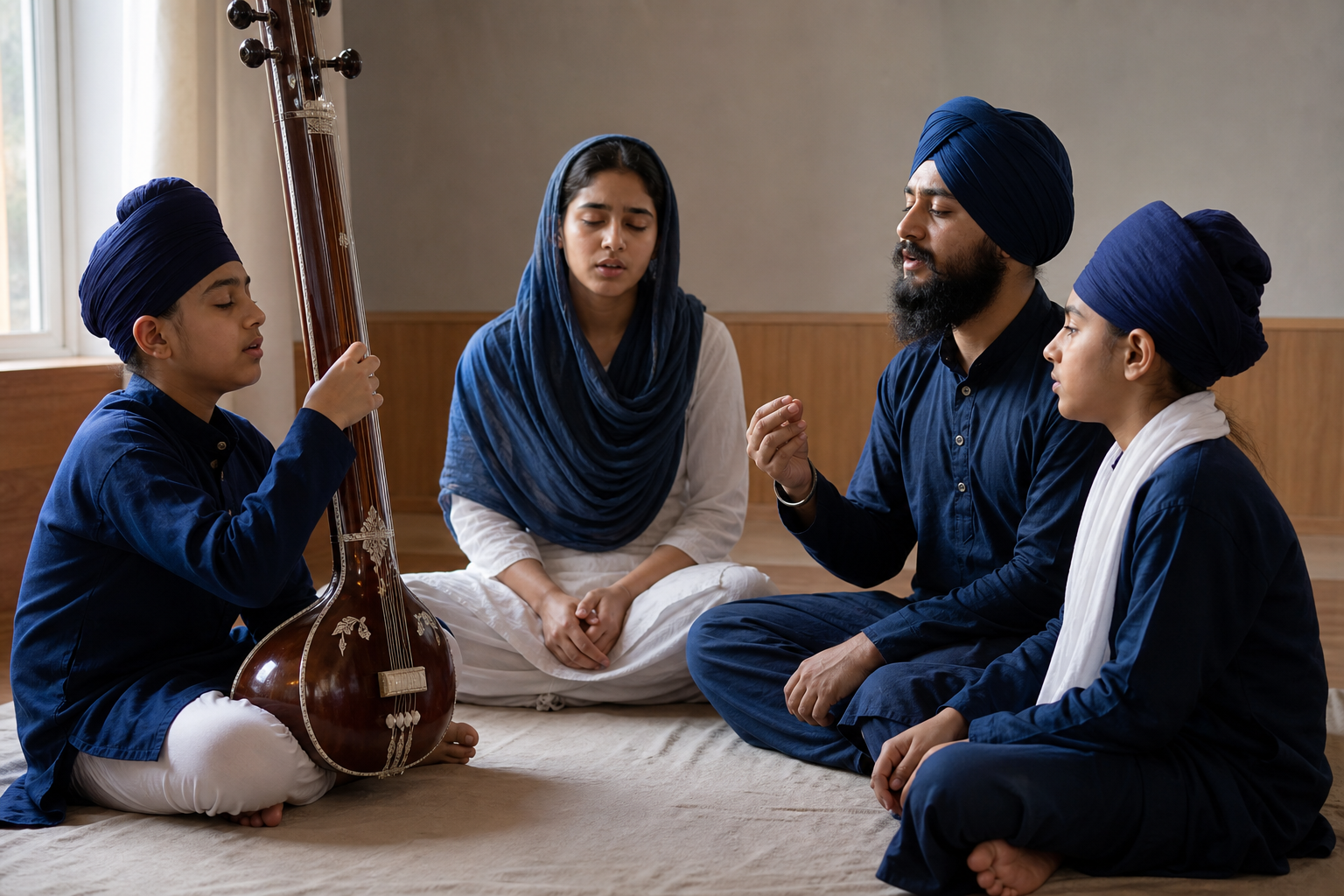 Four Sikh students practice attentive listening around a singer and a stringed drone instrument in a quiet room.