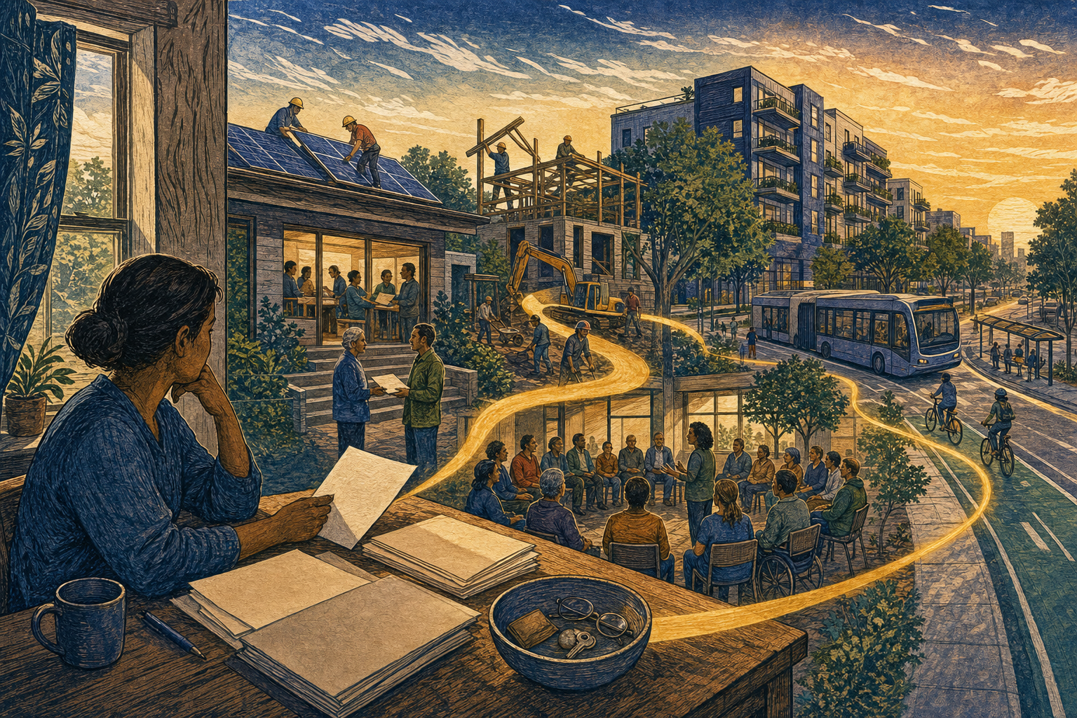 A resident connects household financial choices to a cooperative, clean-energy work, a public meeting, efficient housing, trees, bicycle lanes, and electric transit.