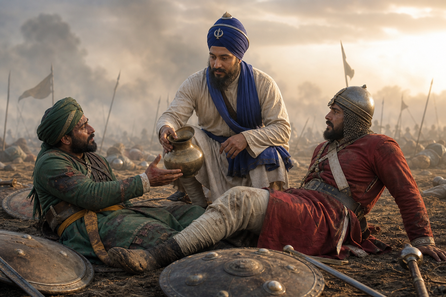 Bhai Kanhaiya carries water between two wounded soldiers from opposing forces after a battle.