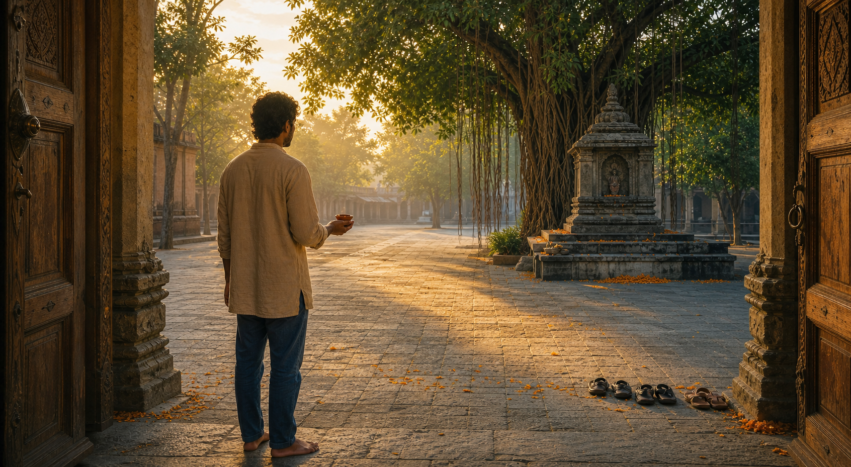 A South Asian adult holding an unlit clay lamp pauses at the open entrance to a quiet temple courtyard at sunrise.