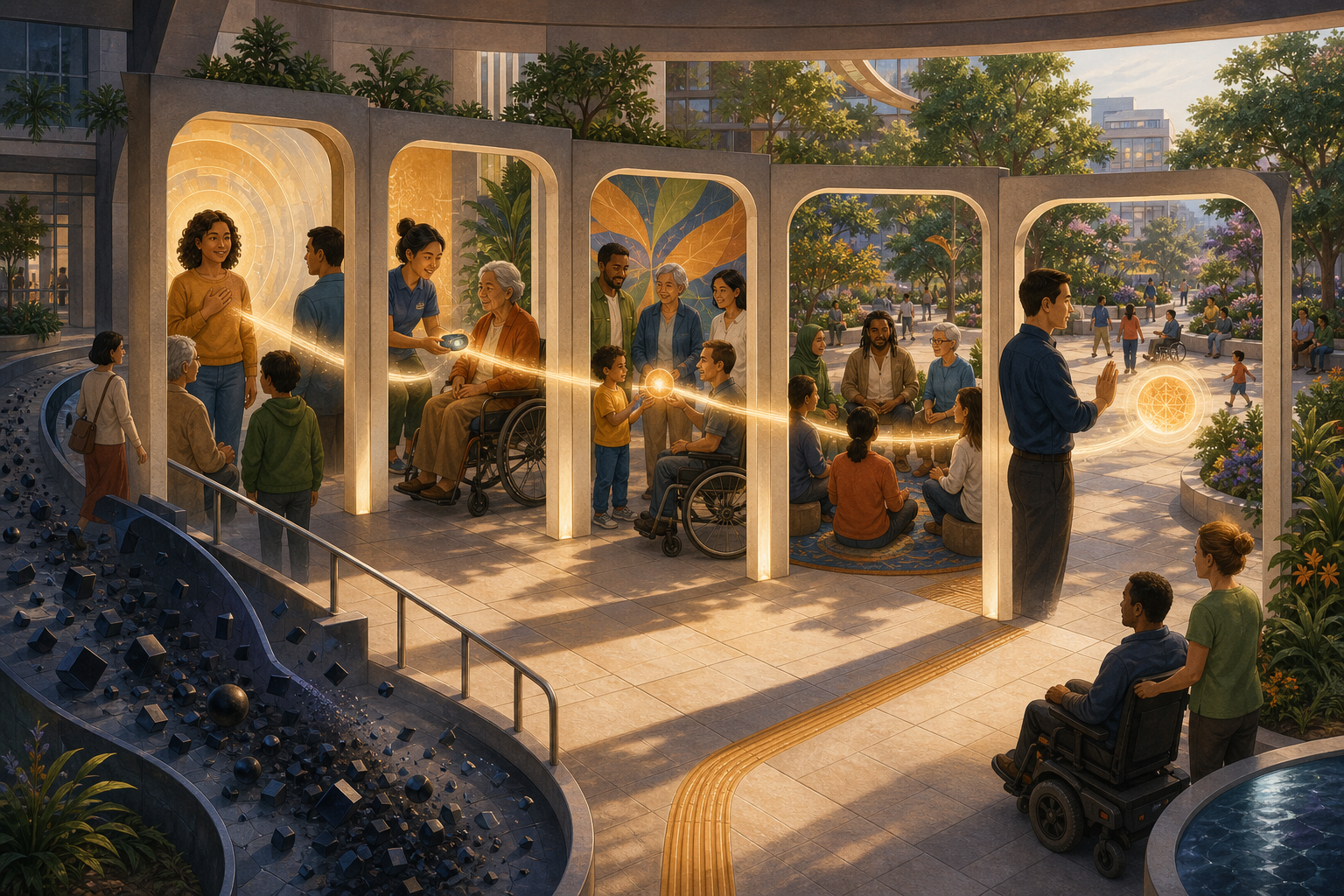 Five open thresholds depict dignity, service, shared benefit, community deliberation, and human accountability around an AI system.
