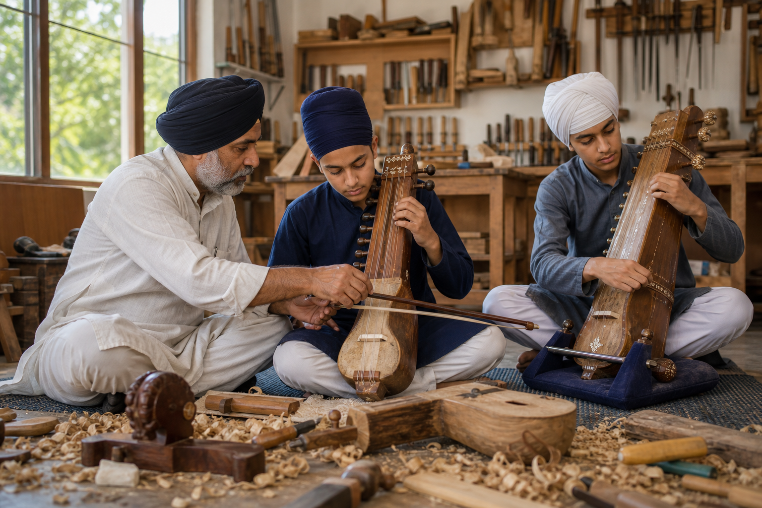 A Sikh instrument maker teaches two teenagers to handle and maintain a saranda and a taus in a woodworking studio.