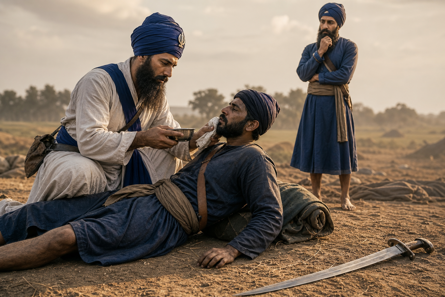 Bhai Kanhaiya tends a wounded combatant while a sword rests out of reach on the ground and another person observes.