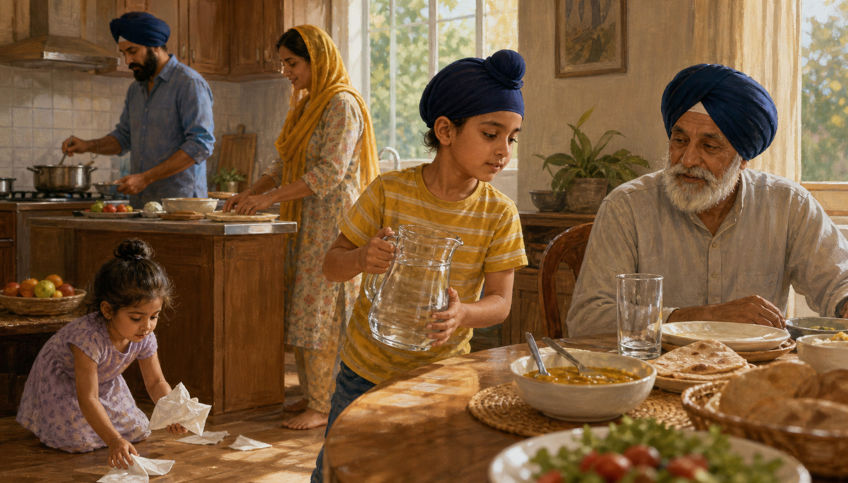 A Sikh child carries water to a family dinner table while a sibling gathers napkins and adults prepare the meal.