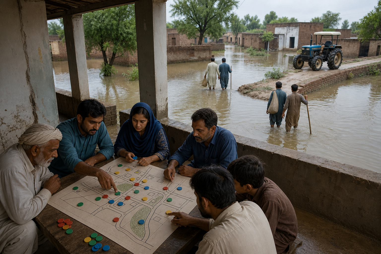 Local residents review an unlabelled village layout while volunteer pairs check flooded lanes and isolated homes.