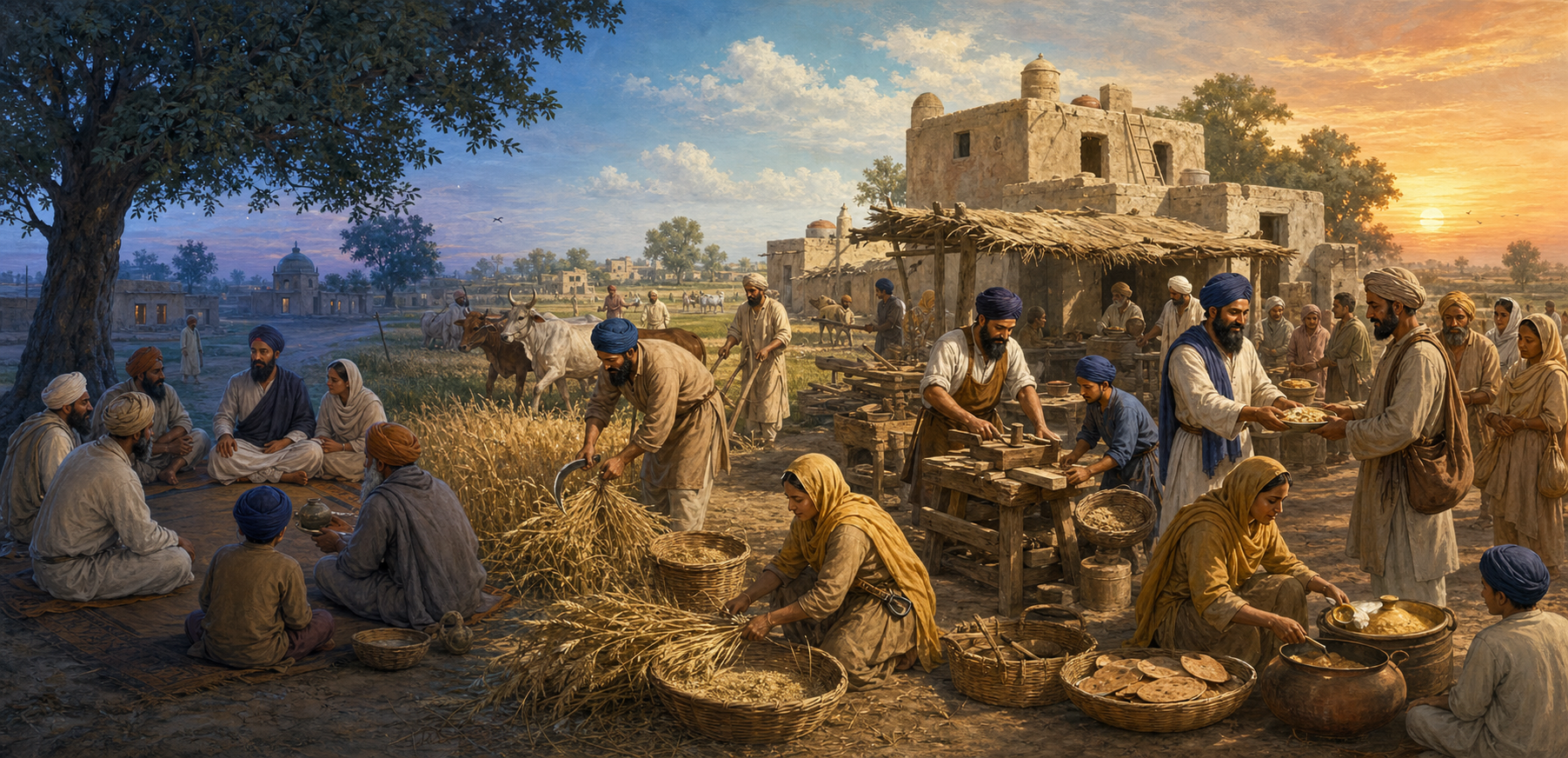 A continuous dawn-to-evening scene shows villagers in remembrance, at honest work, and sharing food with others.