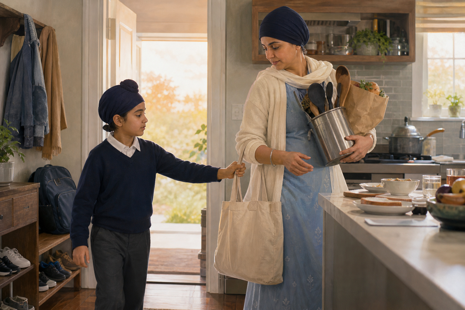 A child reaches to take a grocery bag from a parent in a sunlit family kitchen doorway.