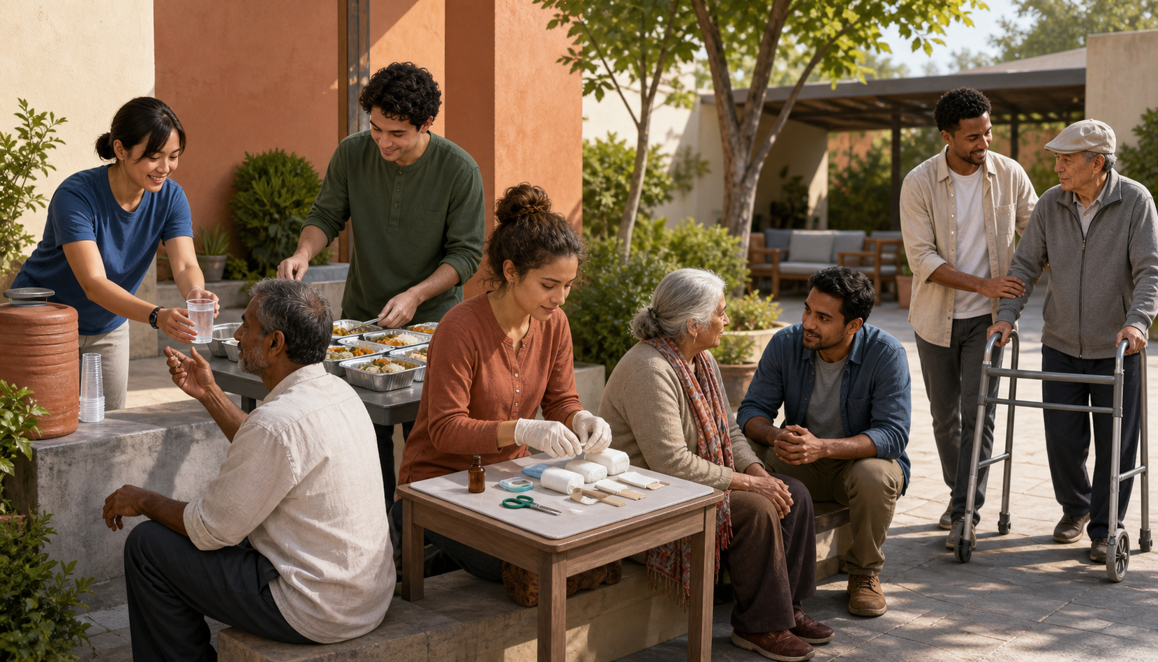 Five diverse volunteers distribute water and food, prepare bandages, listen to a visitor, and assist a person using a walking aid.