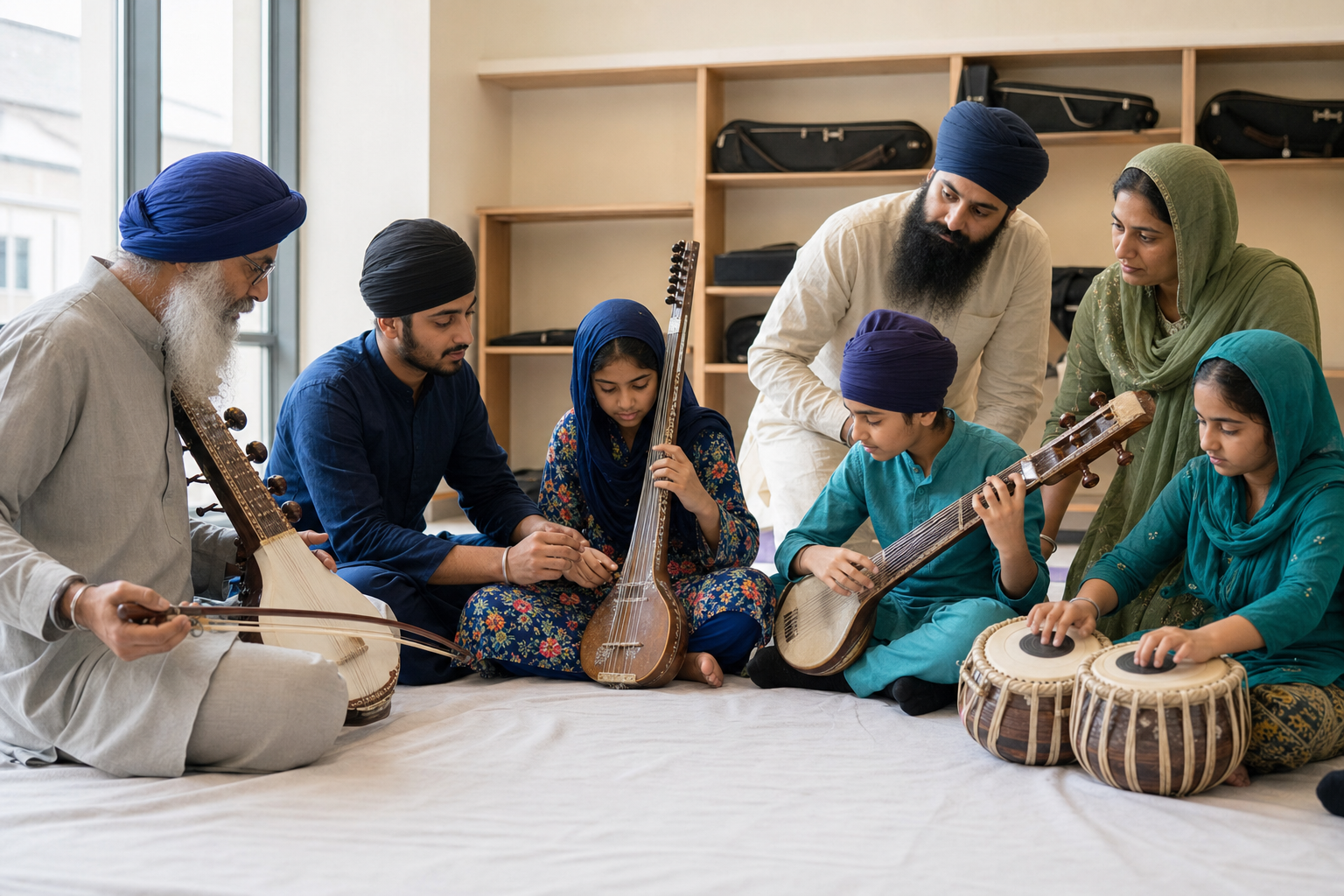 An instructor, assistant teacher, children, and parents take part in small-group Gurmat Sangeet lessons with string instruments and jori.