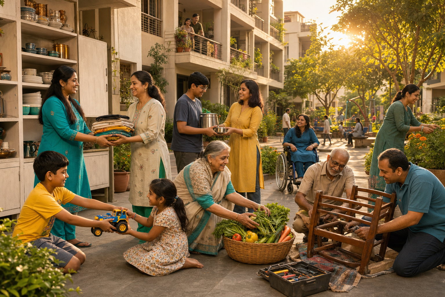 Neighbors of several generations share clothing, kitchen vessels, toys, vegetables, and repair work in a sunlit residential courtyard.
