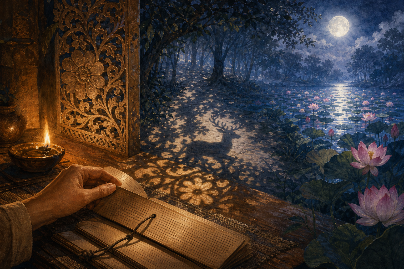 An open palm-leaf manuscript, an ornamented shadow, a deer in a grove, and a luminous lotus pond form four visual depths.