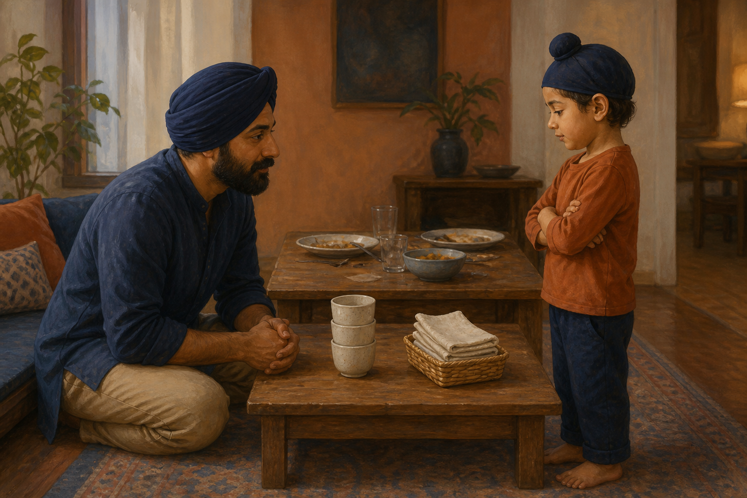 A parent kneels calmly beside a reluctant child near a table with dishes and napkins to be cleared.
