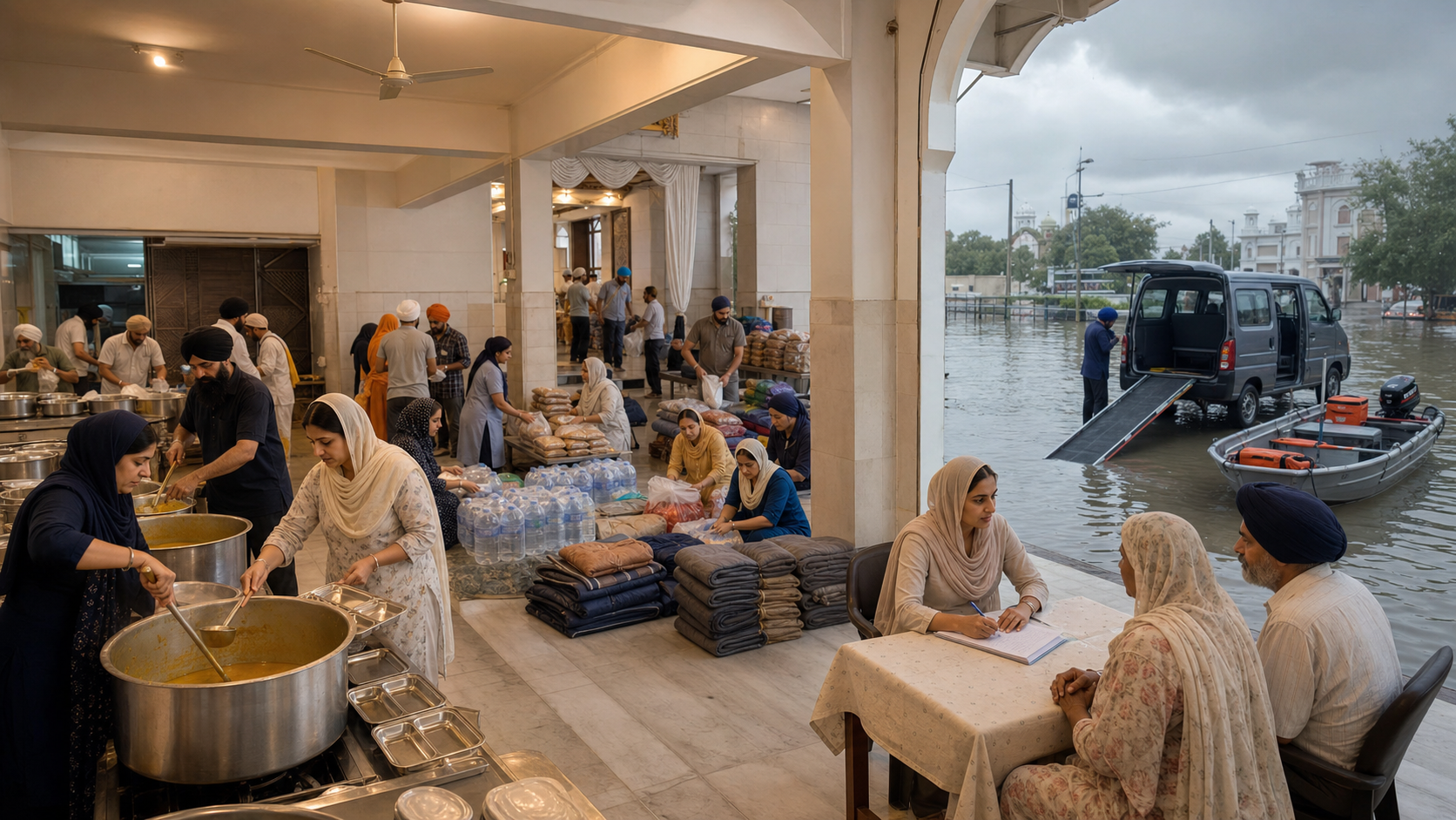 Volunteers prepare meals, organize relief supplies and assist an older couple inside a gurdwara serving as a flood relief hub.
