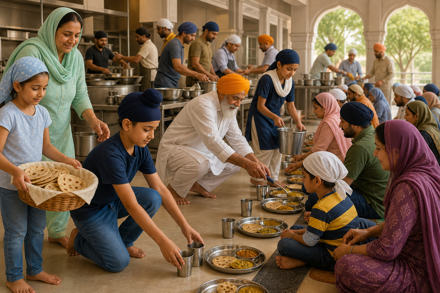 Children and adults with covered heads prepare and serve a vegetarian langar meal to people seated together in a gurdwara dining hall.