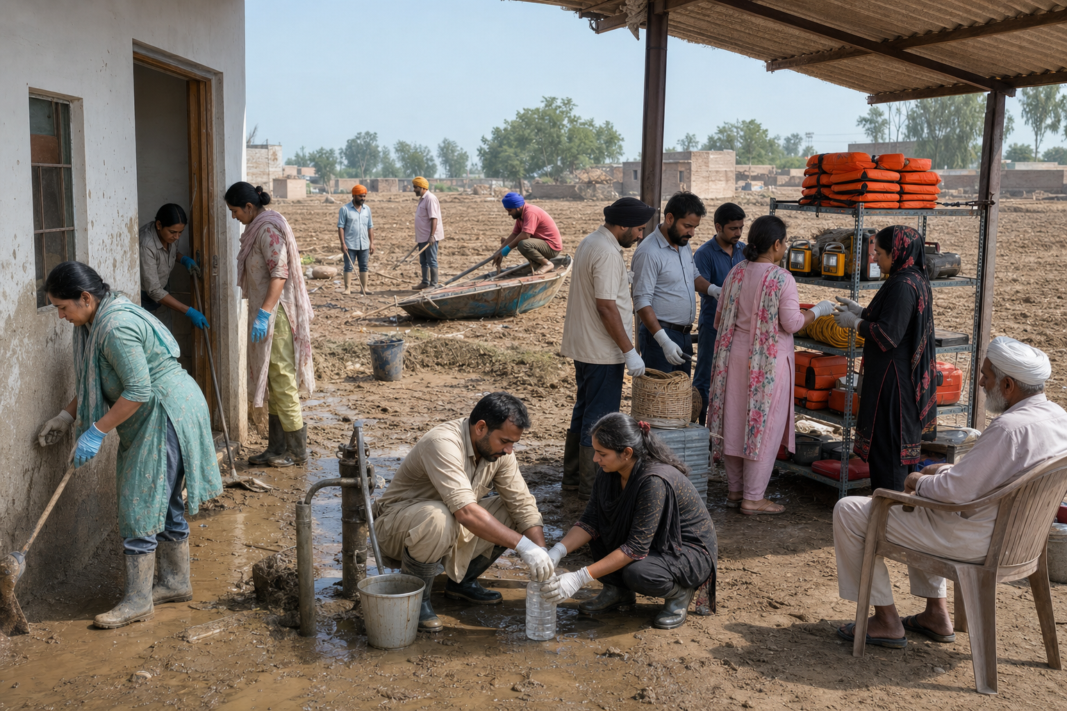 Residents clean a mud-damaged home, inspect a water pump and organize reusable emergency equipment as flood recovery begins.