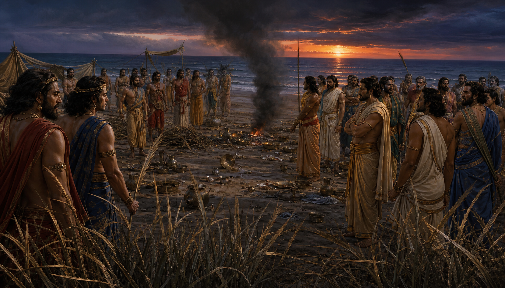 Members of the Yadava clan stand in opposing groups on a twilight seashore amid iron-like reeds, overturned cups, and a neglected fire.