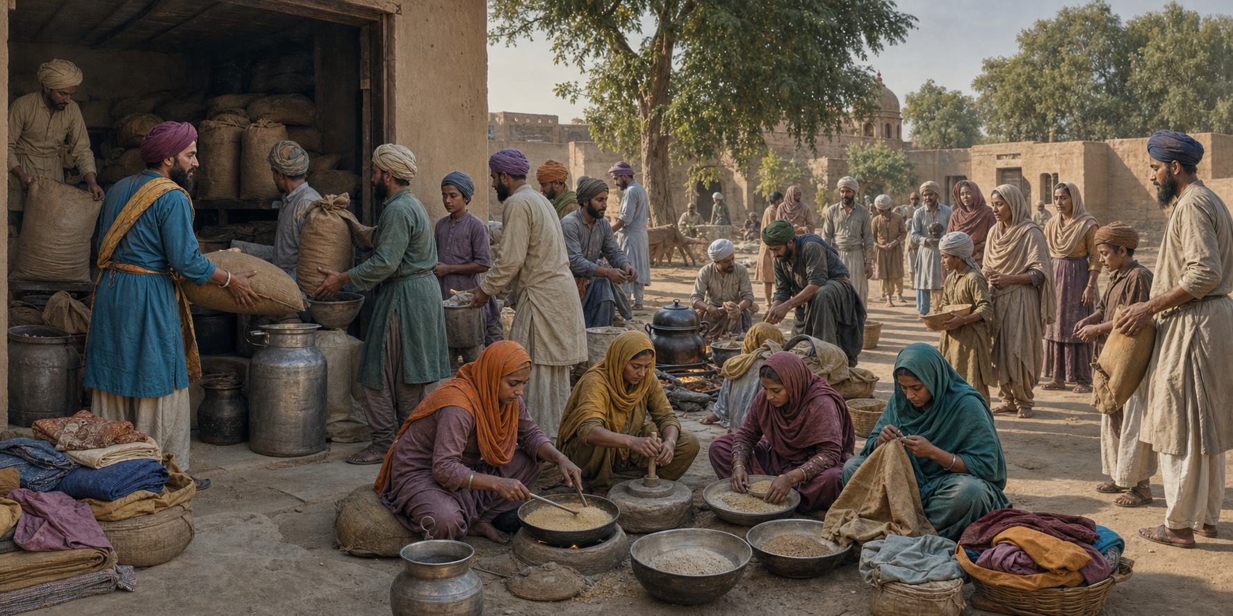 A prosperous householder and laborers move grain and useful goods from a private storeroom into a busy communal kitchen and distribution courtyard.