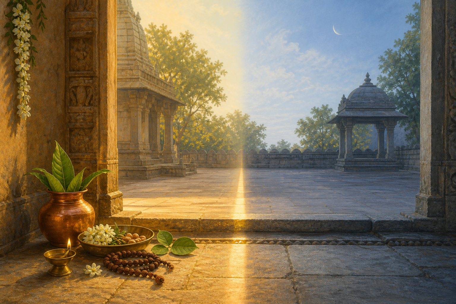 A sunbeam crosses the threshold of a quiet temple courtyard beside a diya, copper vessel, bilva leaves, flowers, and rudraksha beads.