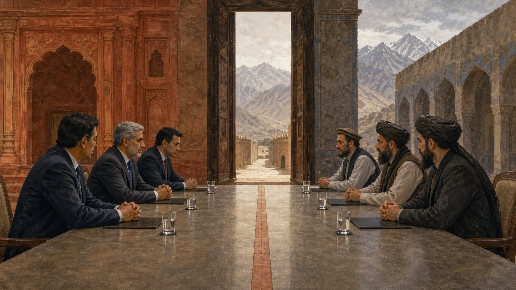 Two groups of unidentified delegates sit across a long table in a room that opens toward an Afghan mountain landscape, with a thin red inlay crossing the tabletop.