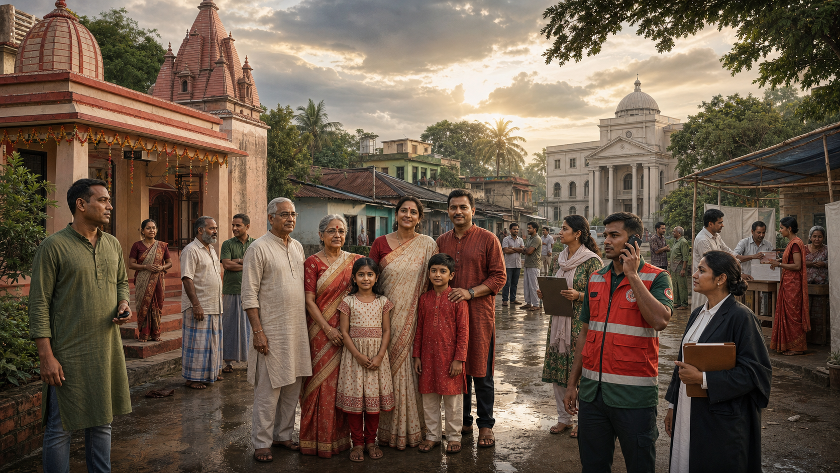 A Bangladeshi Hindu family stands in a temple courtyard surrounded by residents, an emergency responder, an election observer, and a legal advocate, with homes and civic buildings in the background.
