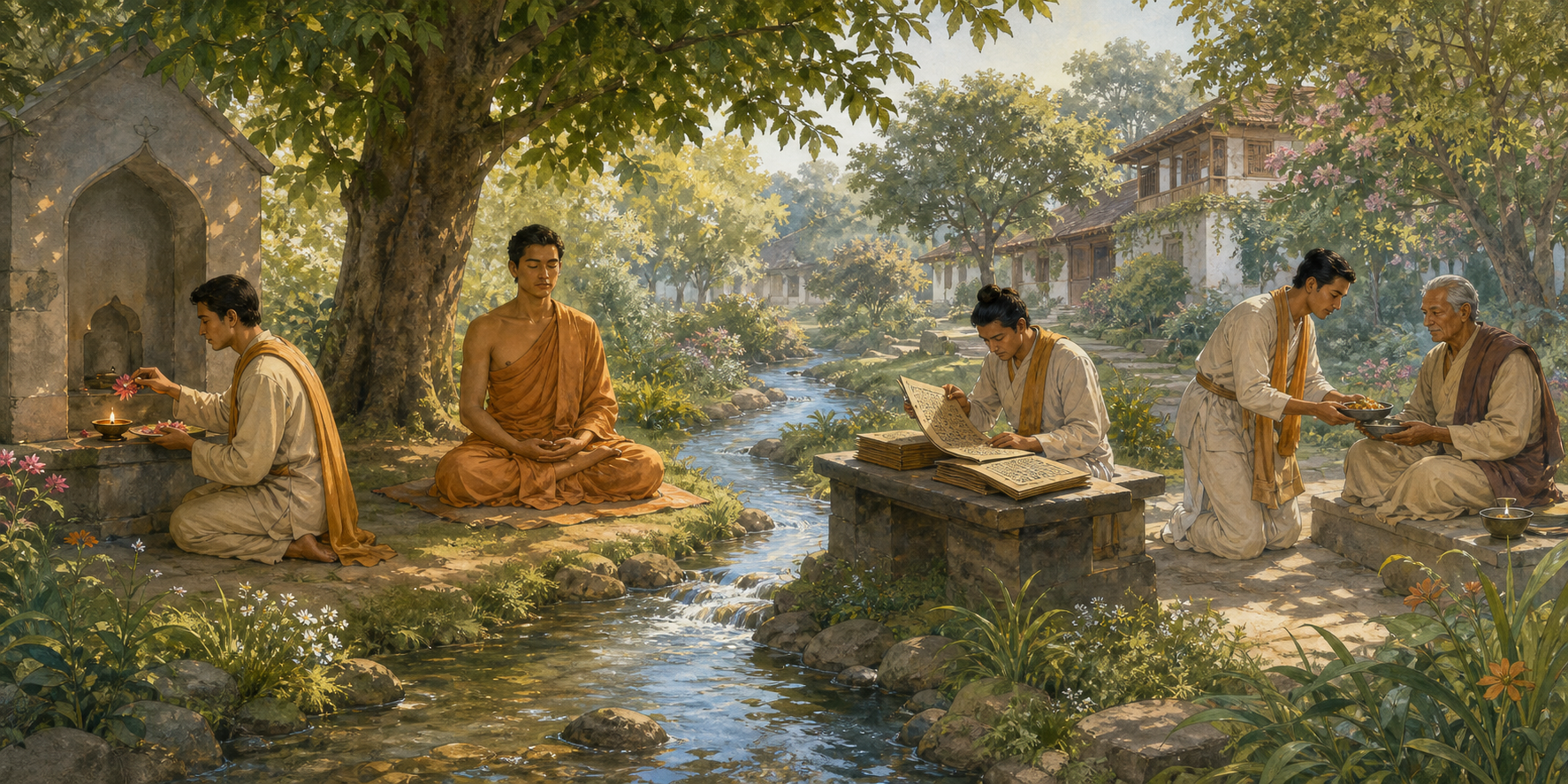 Four practitioners in one garden make an offering, meditate, study manuscript folios, and serve food in separate but connected spaces.