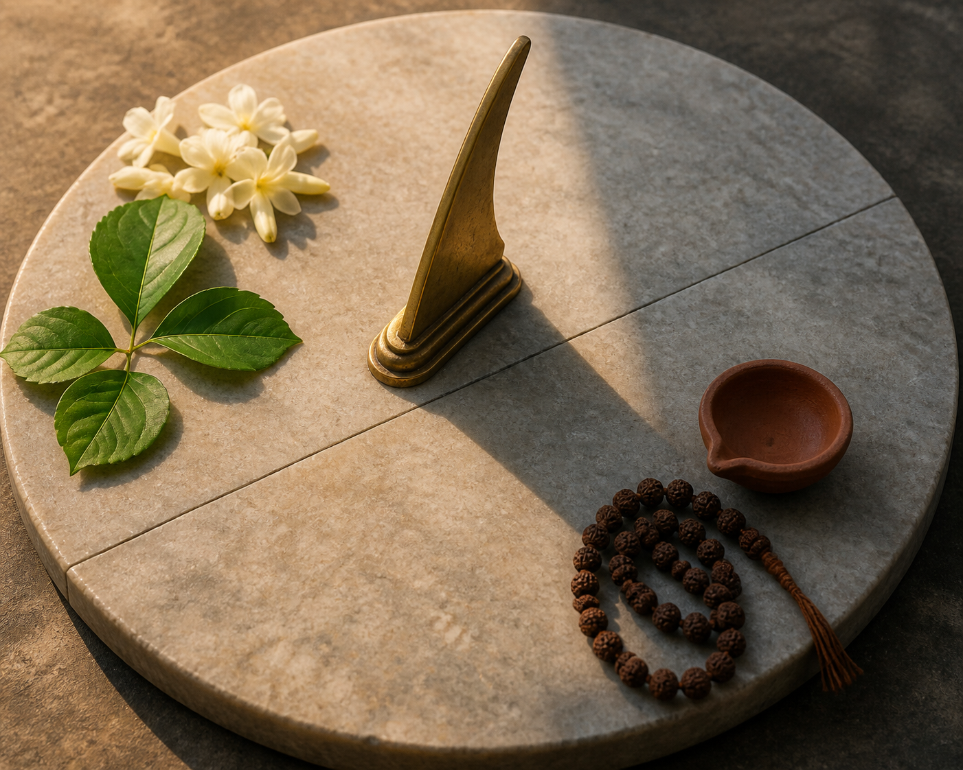 A brass gnomon casts an afternoon shadow across a seam in an unmarked stone surface, with ritual leaves and flowers arranged on either side.