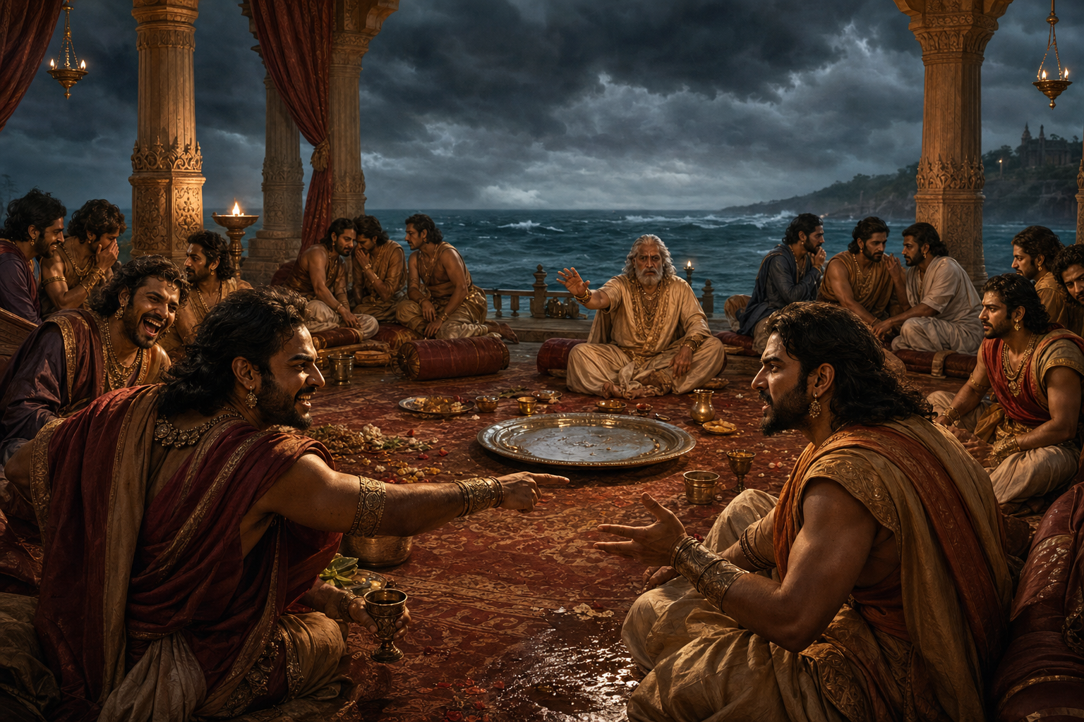 Relatives at a coastal feast divide into tense groups as two men argue, others mock or whisper, and an elder's attempt to intervene is ignored.