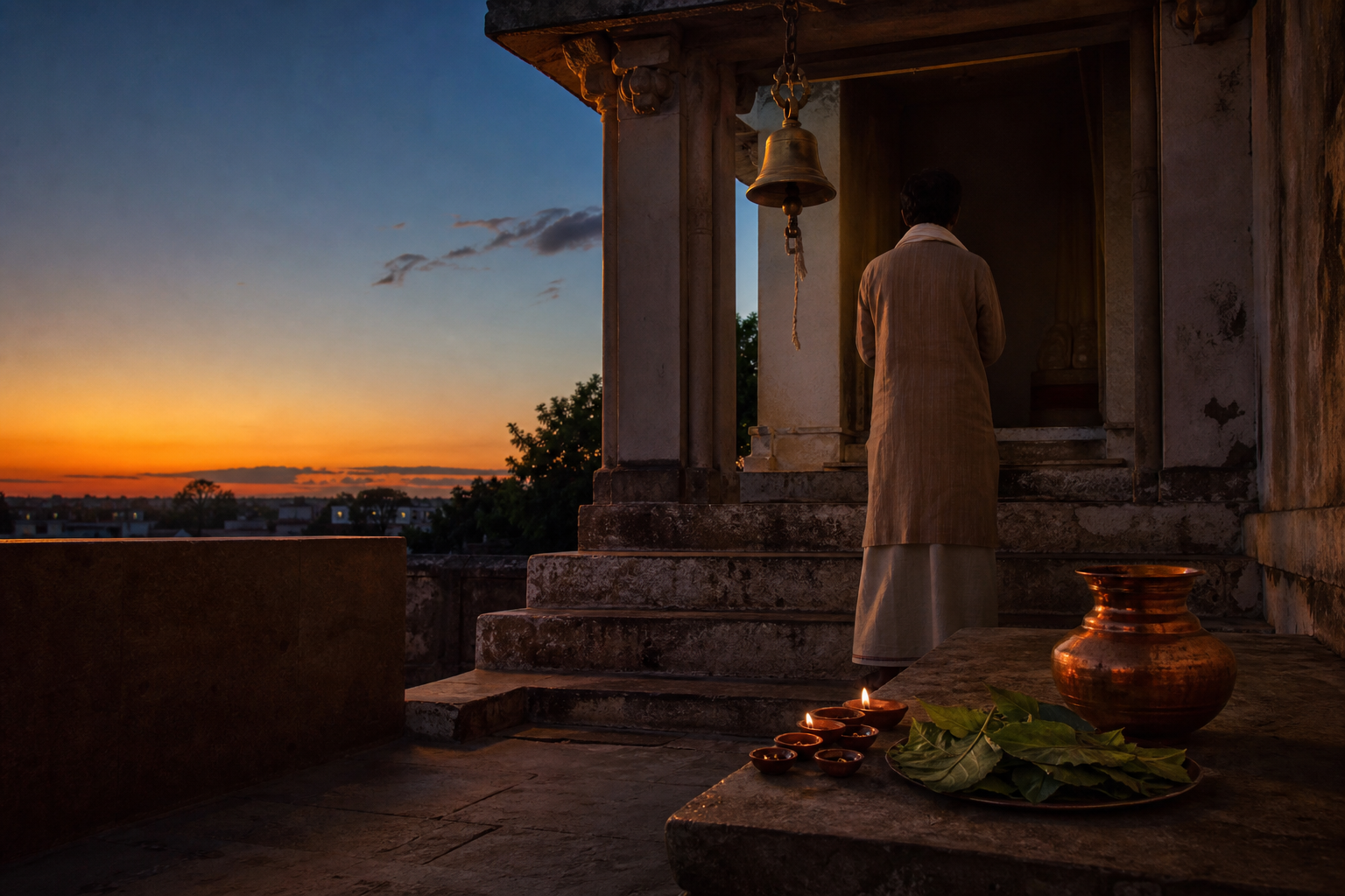 A devotee waits outside a small Shiva temple at twilight as oil lamps and offerings rest near the entrance beneath an amber-blue sky.