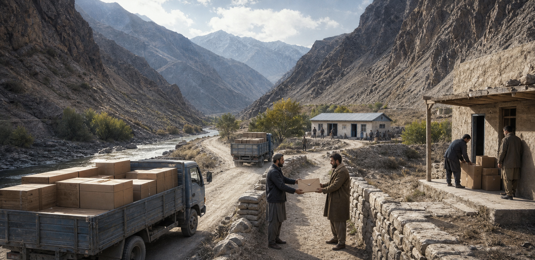 Unbranded relief trucks and local workers move supplies through a narrow Afghan mountain valley while observers exchange a sealed folder at a small liaison post.