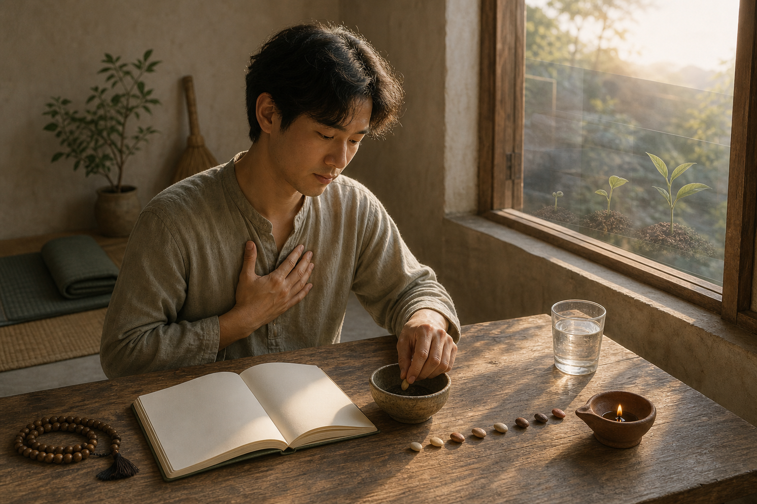 A practitioner places a seed in a bowl during a quiet dawn reflection beside a mala, lamp, blank notebook, sitting mat, and young plant.