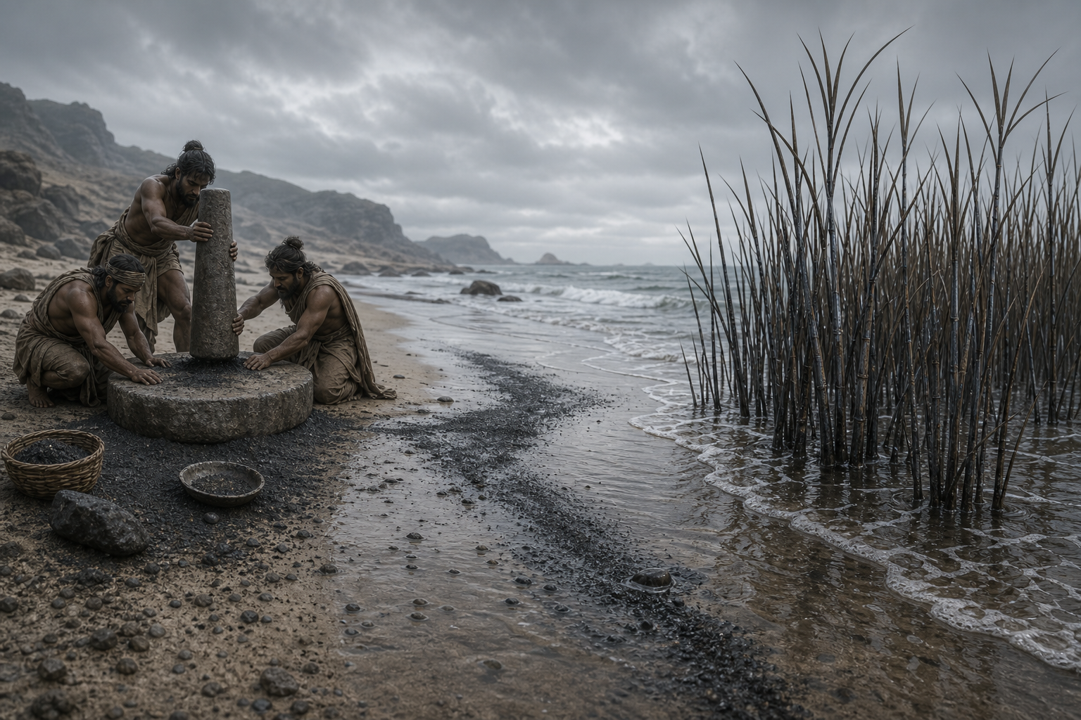 Attendants grind an iron club into filings beside the sea while a hidden fragment remains and metallic-looking reeds grow farther along the shore.