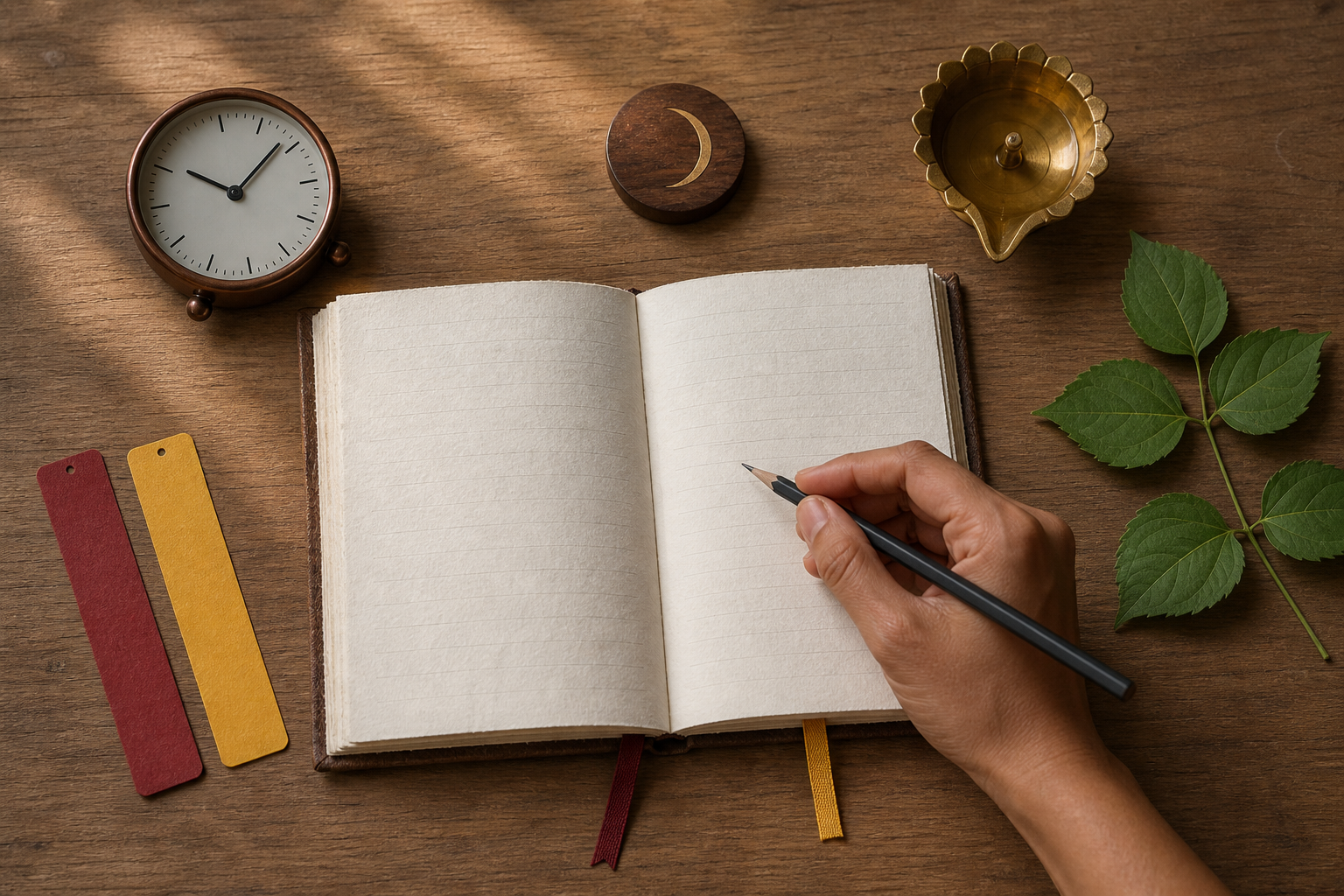 A hand holds a pencil above a blank planner beside an unmarked clock, a crescent token, a diya, bilva leaves, and two place markers.