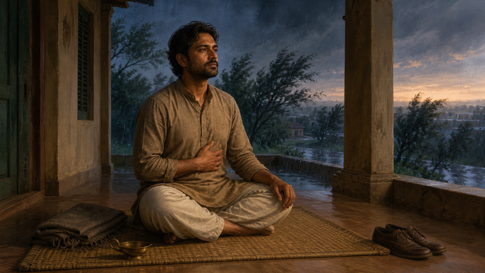 A South Asian adult sits on a woven mat beside an open veranda while wind and rain move through the trees outside.