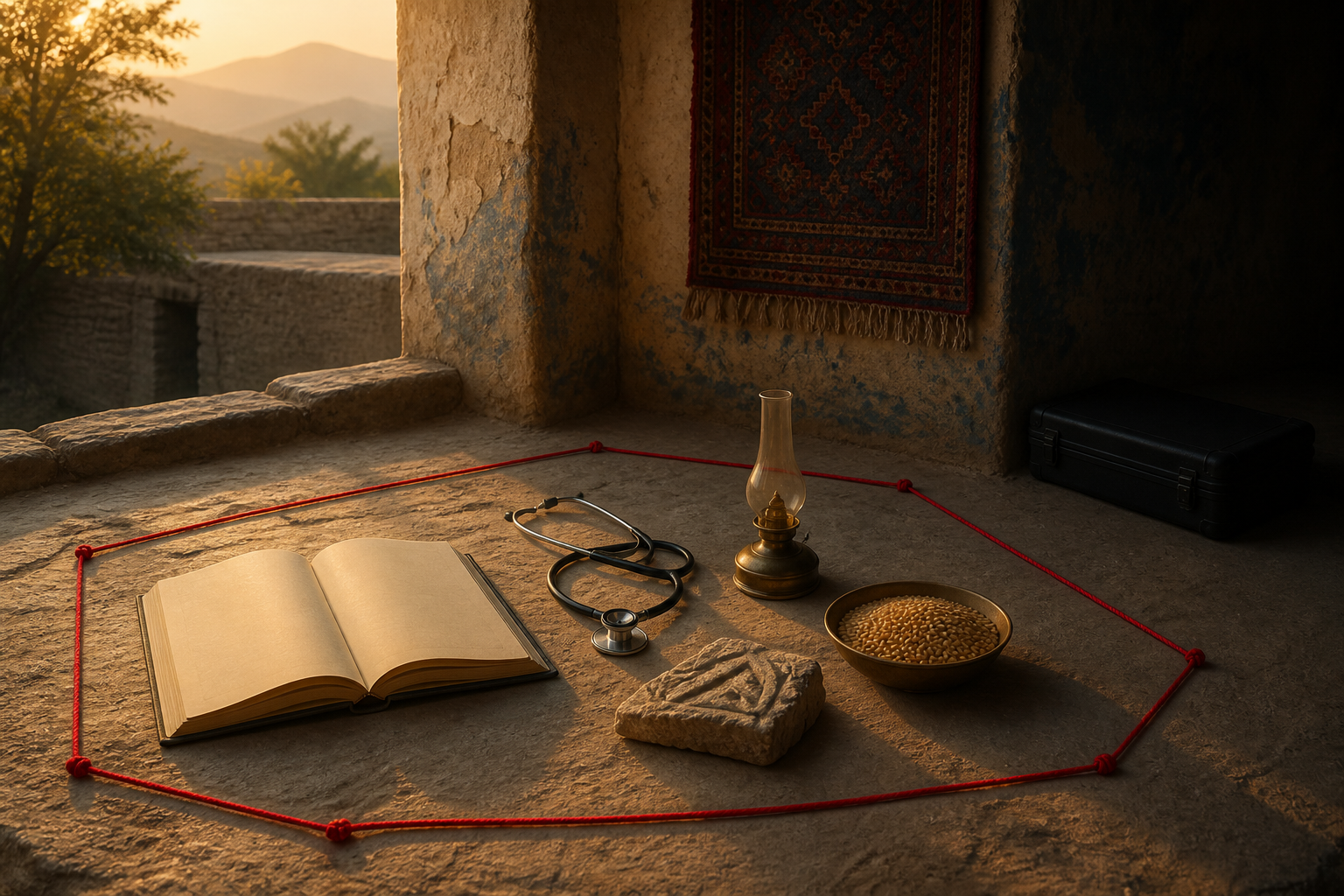 A red thread surrounds a blank schoolbook, stethoscope, prayer lamp, carved stone fragment, and bowl of grain in a sunlit courtyard, while a closed weapons case remains in shadow outside it.