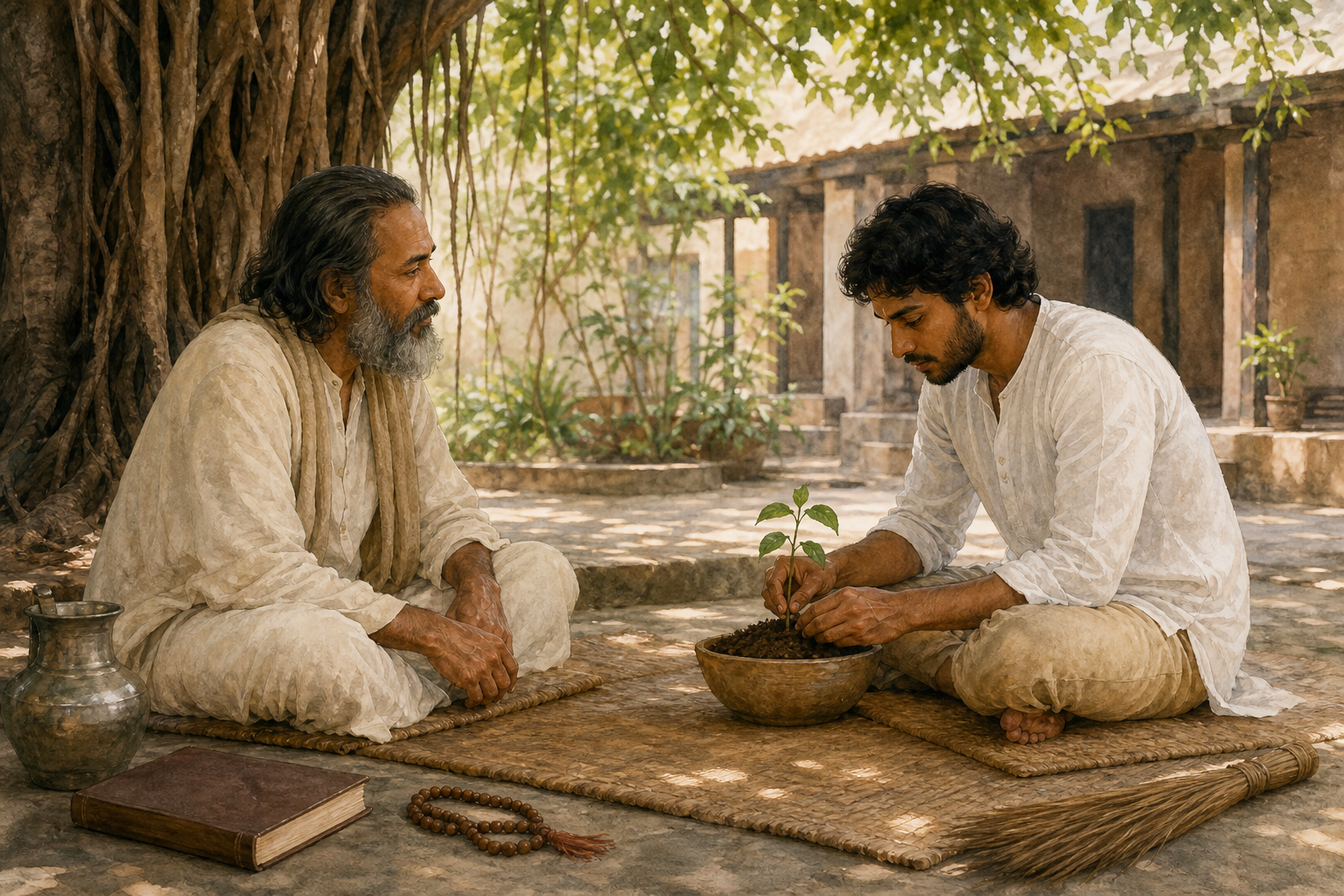 A teacher and adult student sit in an ashram courtyard while examining a seedling beside prayer beads, a closed book, and a water vessel.