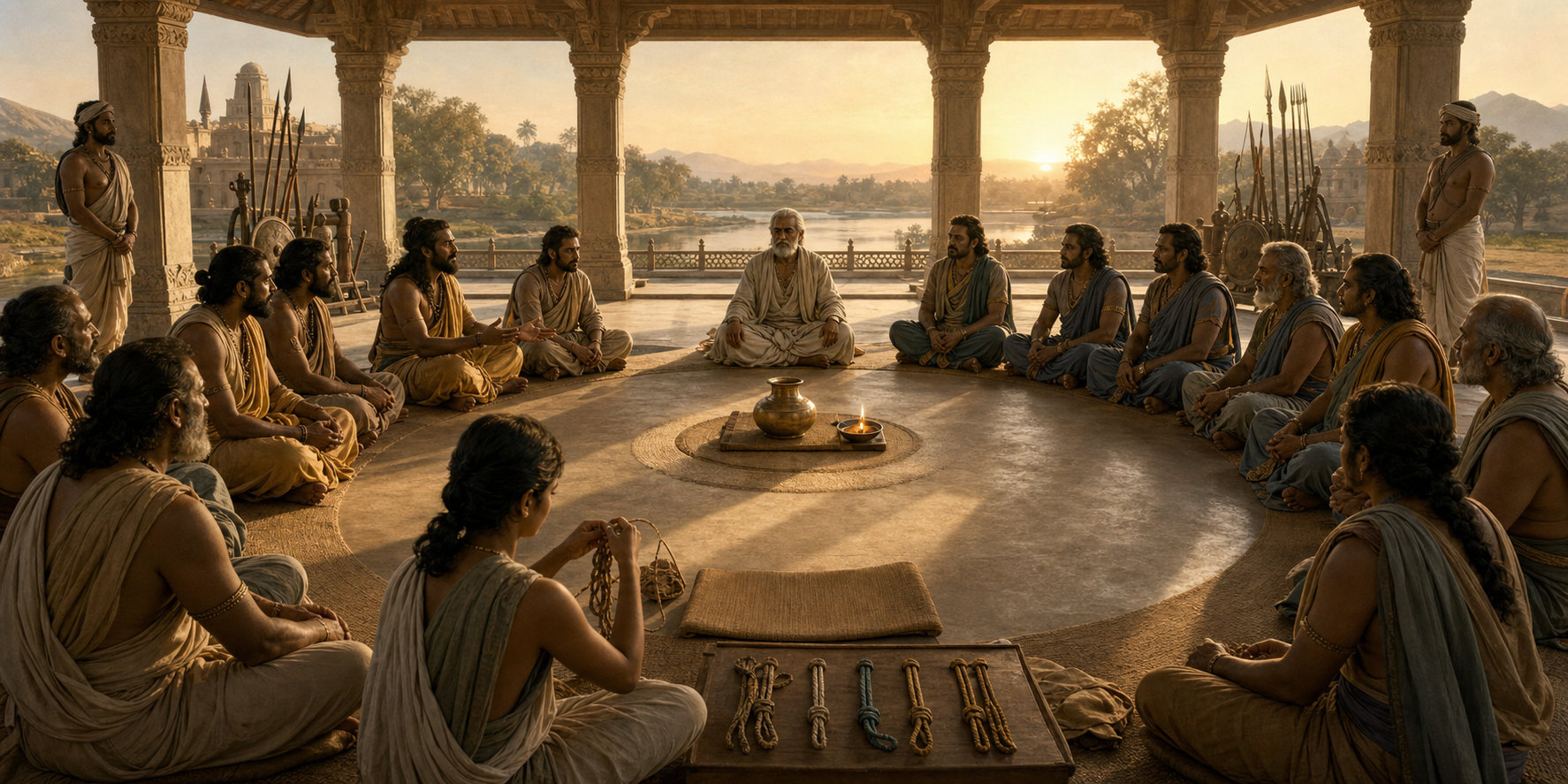 Two community factions sit in a mediated circle at dawn with a shared lamp and water vessel, while weapons are kept outside the gathering.