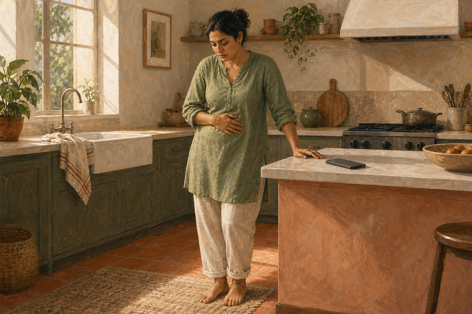 An adult pauses beside a kitchen counter with one hand on the abdomen and a phone lying face down nearby.