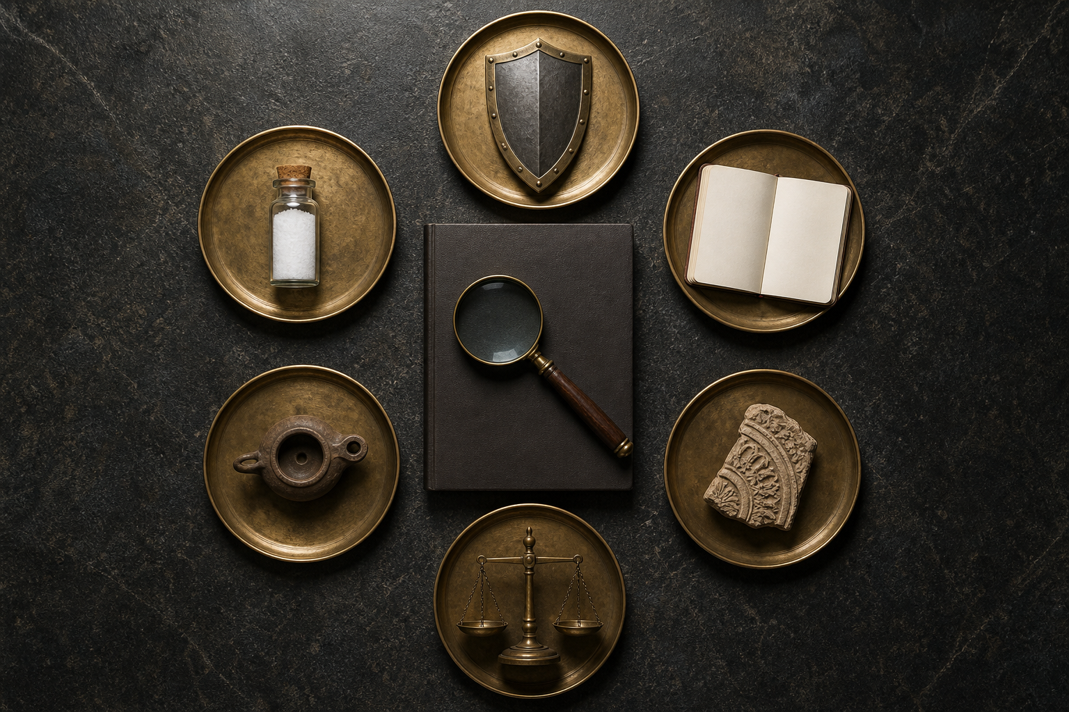 Six brass trays holding a shield, medicine vial, blank notebook, prayer lamp, carved artifact, and balance surround an unmarked dossier beneath a magnifying glass.