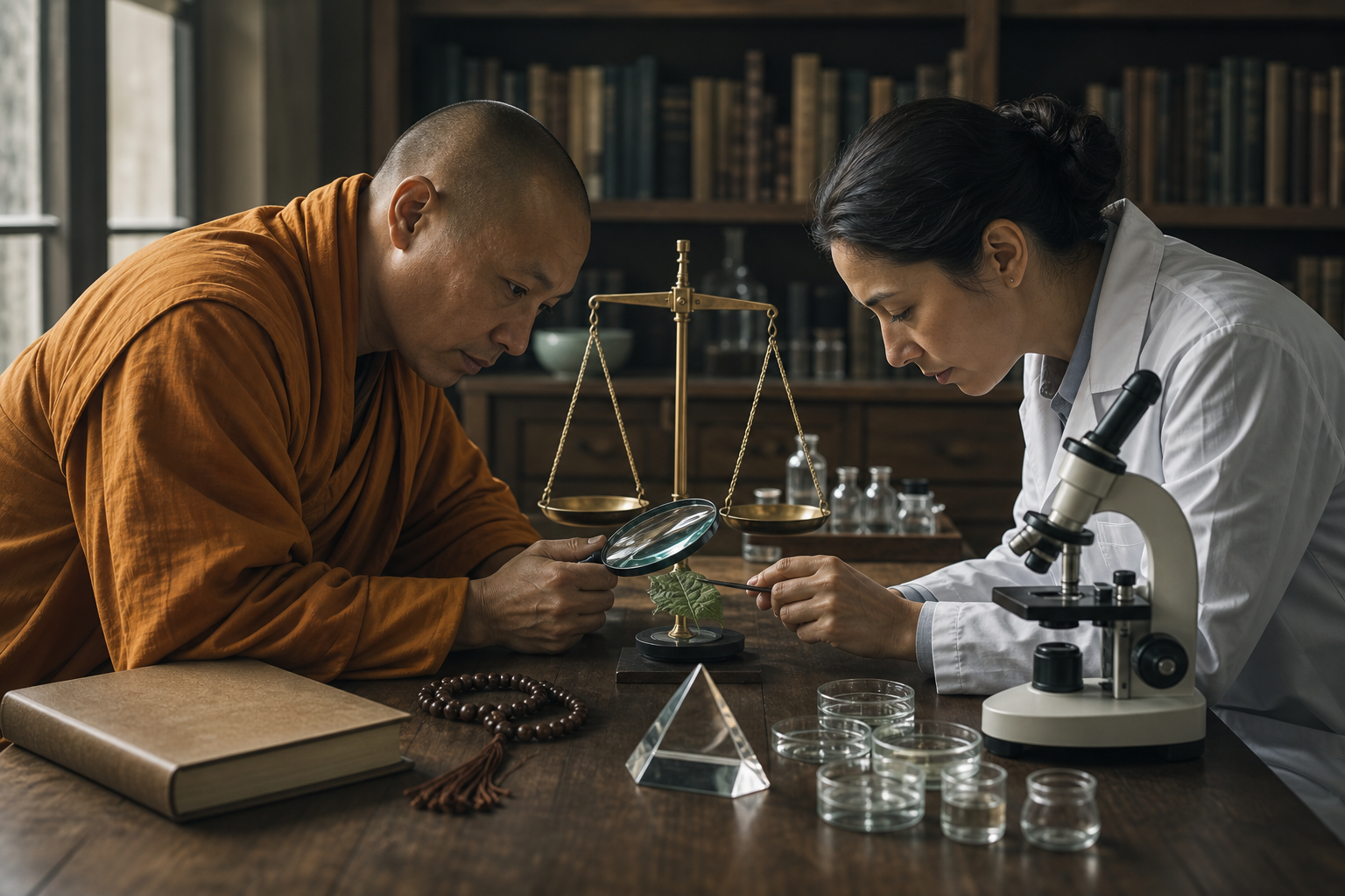 A monk-scholar and a laboratory researcher jointly inspect a leaf specimen at a table with a microscope, balance scale, prism, prayer beads, and closed book.