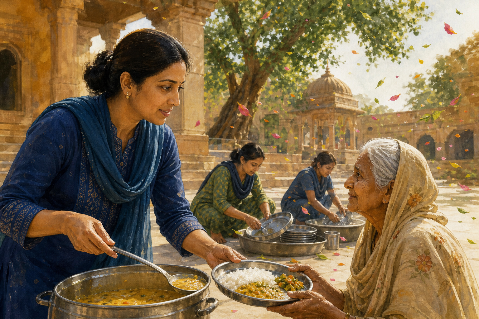 A volunteer serves food to an older guest in a courtyard while flower petals and leaves blow through the air.