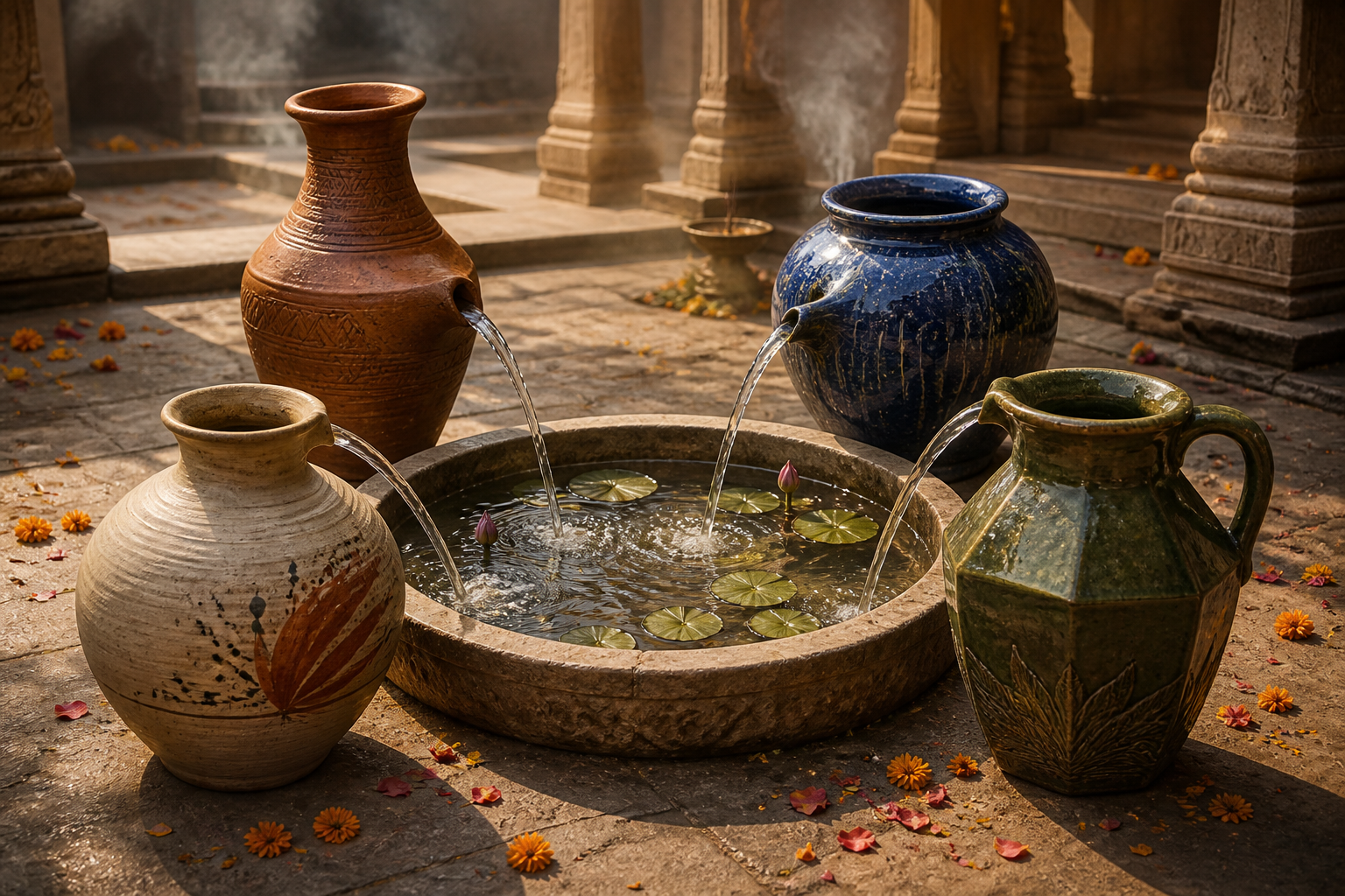 Four differently shaped clay vessels stand around a stone basin where several separate streams of water meet in a temple courtyard.