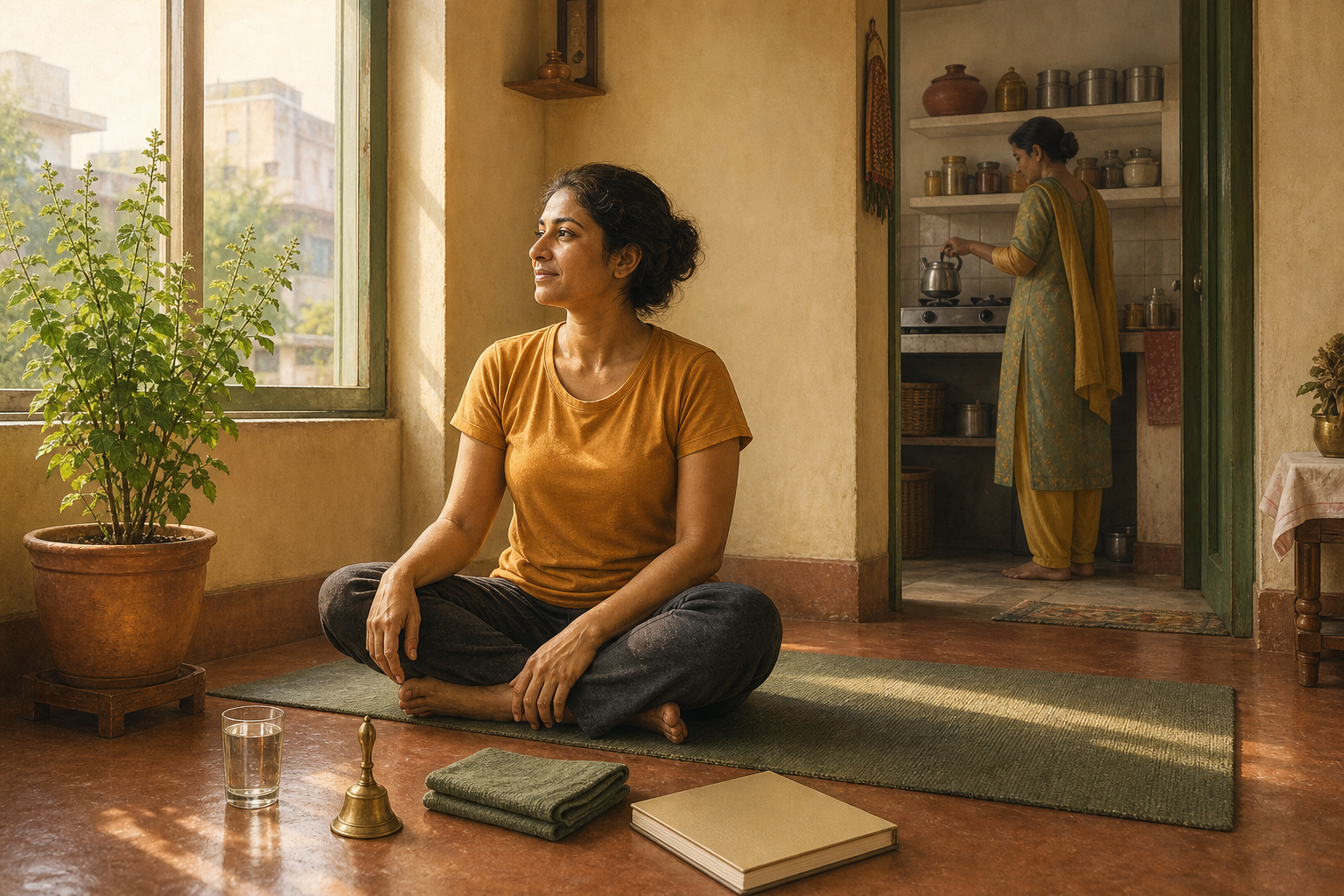 An adult sits near an open window after morning practice while a family member prepares tea in the next room.