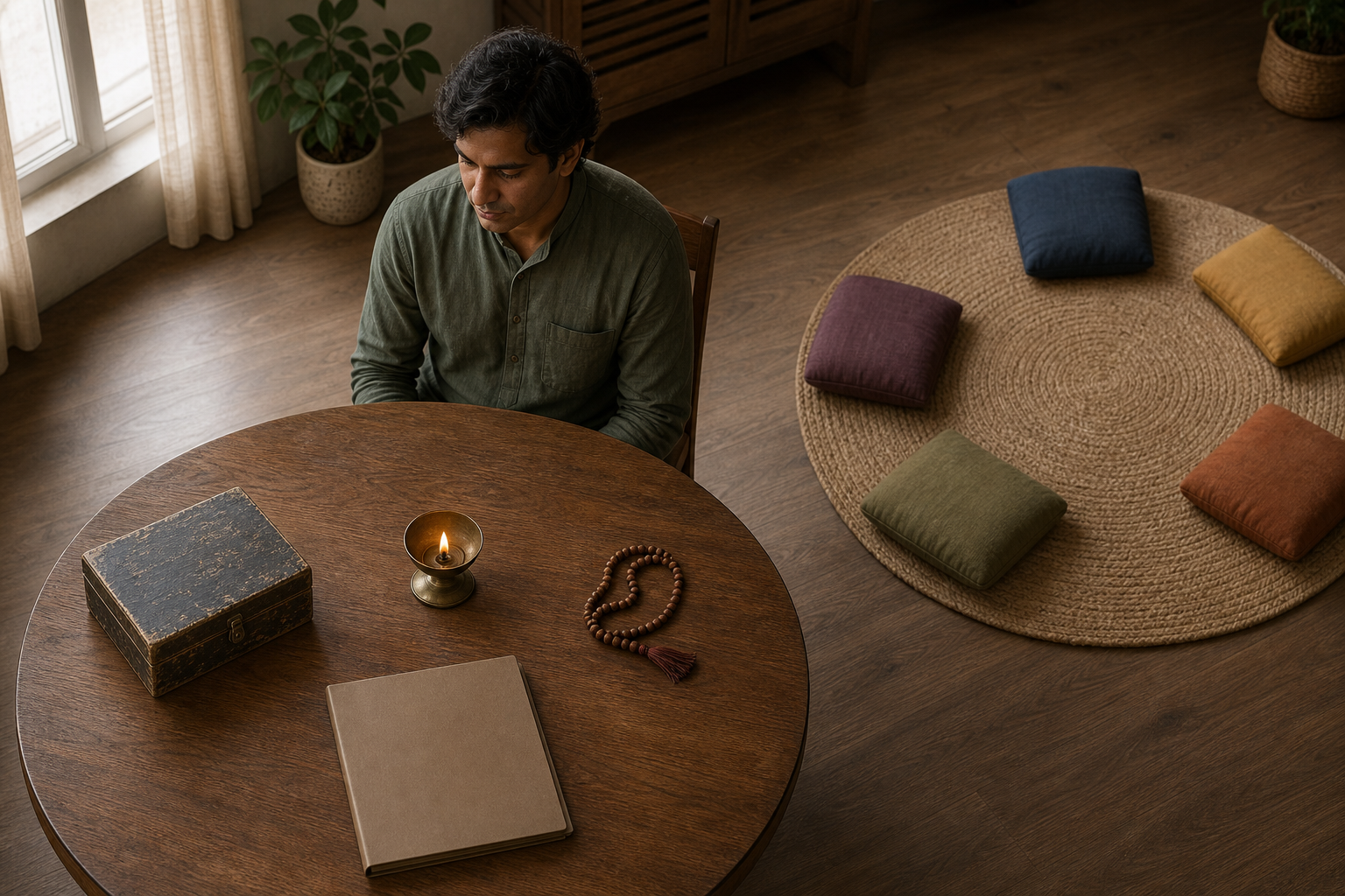 A person considers five separate objects on a table: a family keepsake, a small flame, prayer beads, floor cushions and a closed document folder.